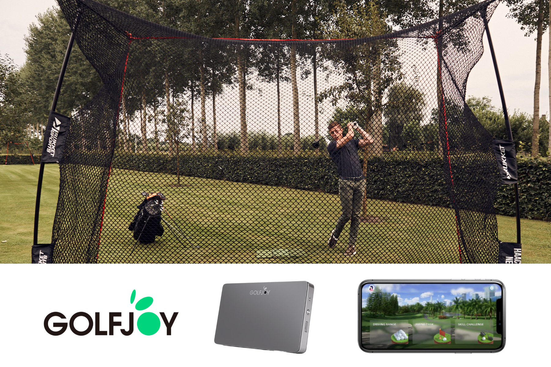 Ensemble complet : moniteur de lancement Golfjoy Waver + Golfnet Rukket Haack Pro + Tri-Turf
